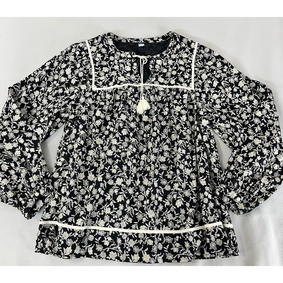 Old Navy Split-Neck Boho Top Blouse Sz XL Tall‎ Floral Long Sleeves Beige Black - Picture 6 of 11